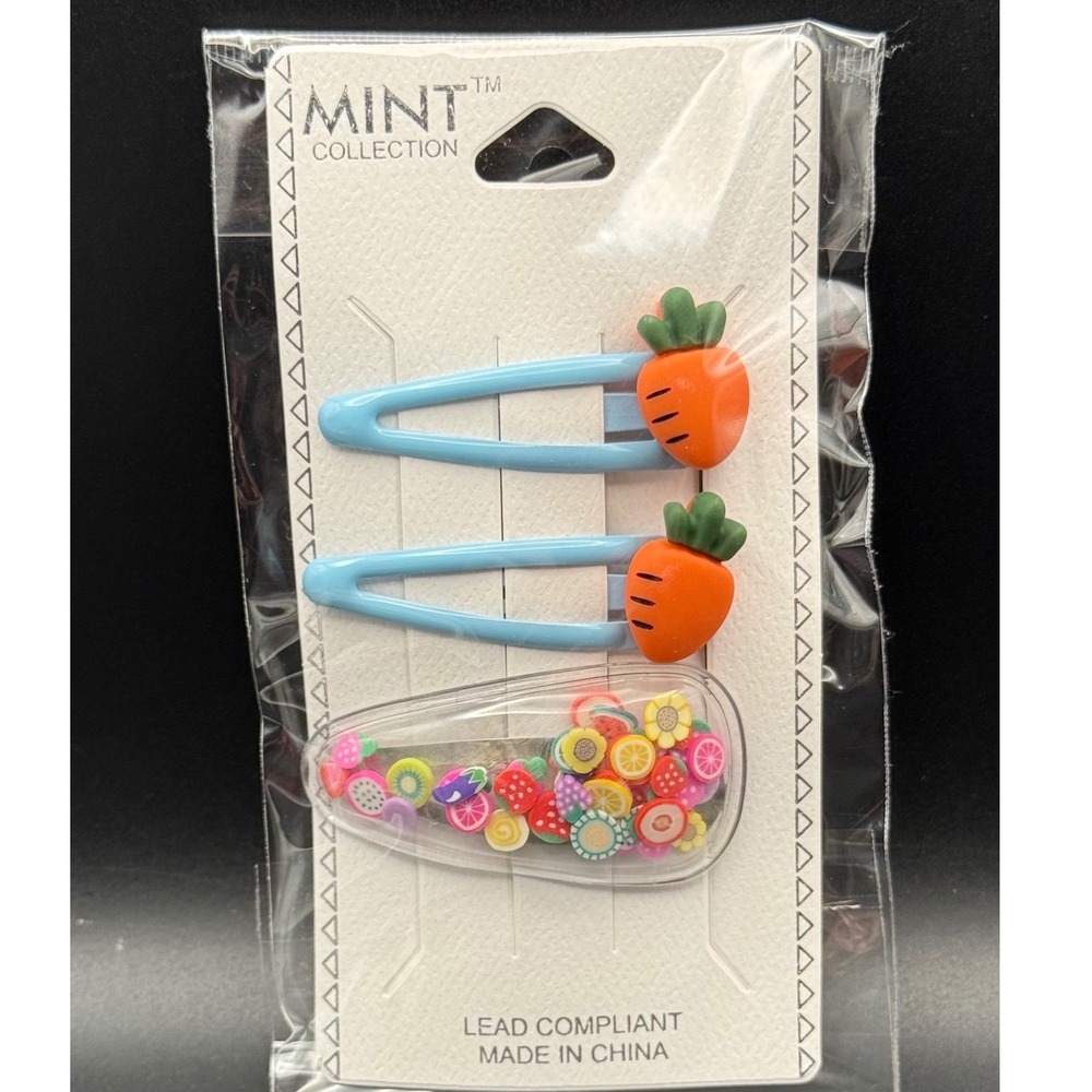 Mint Collection Kids 3pc Hair Clip Set Carrot Snap Clips Fruit Shaker Barrette